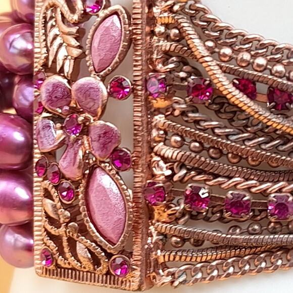 Pink Dyed Pearl Rhinestone Bracelet, Rose Gold Tone Chains, Pink Rhinestones, 7" - Picture 6 of 10